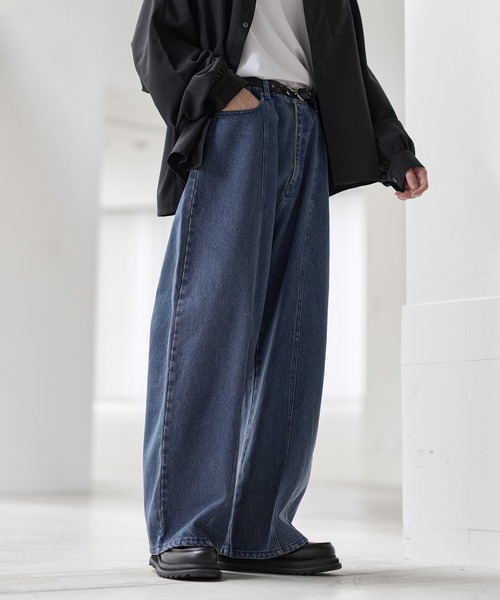 ヴィンテージ加工13ozセンターシームストレートデニムパンツ（デニム