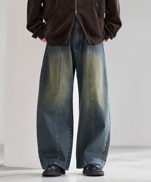 ヴィンテージ加工13ozセンターシームストレートデニムパンツ（デニム