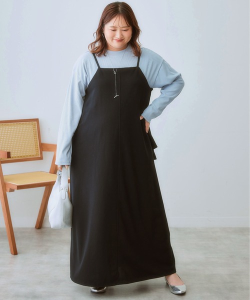 SMILE LAND(スマイルランド)の「<大きいサイズ>2点セット(よく伸びるデザインキャミワンピース+カットソーテレコトップス)(ワンピース・レディース・ピンク系/カーキ系/ブラック系/ブルー系・L/LL/3L/4L/5L)」の1枚目の写真