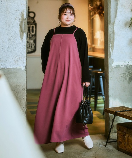SMILE LAND(スマイルランド)の「<大きいサイズ>2点セット(よく伸びるデザインキャミワンピース+カットソーテレコトップス)(ワンピース・レディース・ピンク系/カーキ系/ブラック系/ブルー系・L/LL/3L/4L/5L)」の4枚目の写真