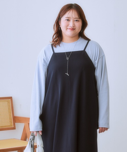 SMILE LAND(スマイルランド)の「<大きいサイズ>2点セット(よく伸びるデザインキャミワンピース+カットソーテレコトップス)(ワンピース・レディース・ピンク系/カーキ系/ブラック系/ブルー系・L/LL/3L/4L/5L)」の21枚目の写真