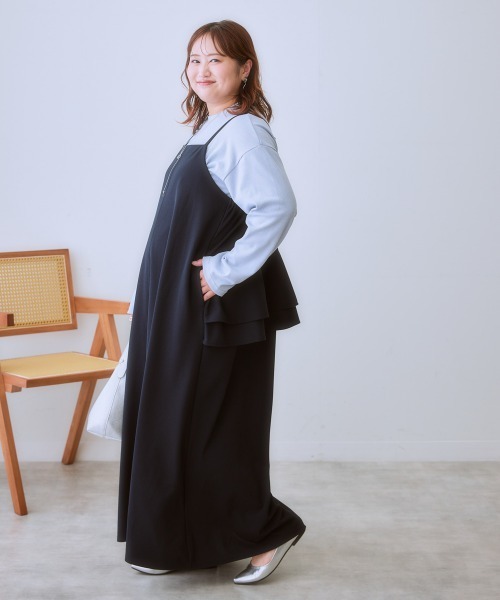SMILE LAND(スマイルランド)の「<大きいサイズ>2点セット(よく伸びるデザインキャミワンピース+カットソーテレコトップス)(ワンピース・レディース・ピンク系/カーキ系/ブラック系/ブルー系・L/LL/3L/4L/5L)」の8枚目の写真
