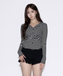 Ruched Border Ribbed Cardigan / シャーリングボーダーリブカーディガン