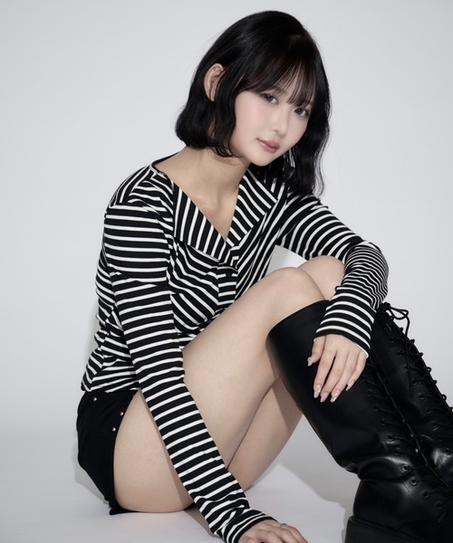 tinkerend(ティンカーエンド)の「Ruched Border Ribbed Cardigan / シャーリングボーダーリブカーディガン(シャツ/ブラウス・レディース・ブラック・FREE)」の20枚目の写真