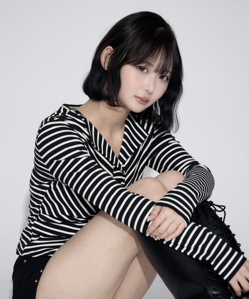 tinkerend(ティンカーエンド)の「Ruched Border Ribbed Cardigan / シャーリングボーダーリブカーディガン(シャツ/ブラウス・レディース・ブラック・FREE)」の19枚目の写真