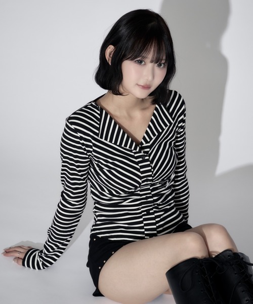 tinkerend(ティンカーエンド)の「Ruched Border Ribbed Cardigan / シャーリングボーダーリブカーディガン(シャツ/ブラウス・レディース・ブラック・FREE)」の21枚目の写真