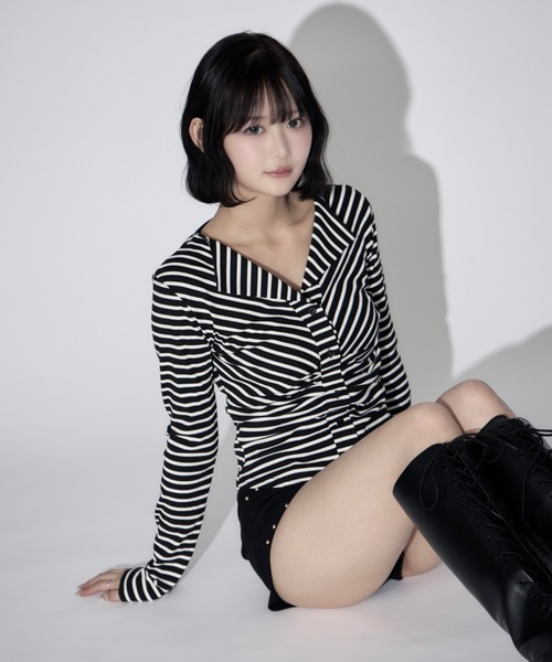 tinkerend(ティンカーエンド)の「Ruched Border Ribbed Cardigan / シャーリングボーダーリブカーディガン(シャツ/ブラウス・レディース・ブラック・FREE)」の22枚目の写真