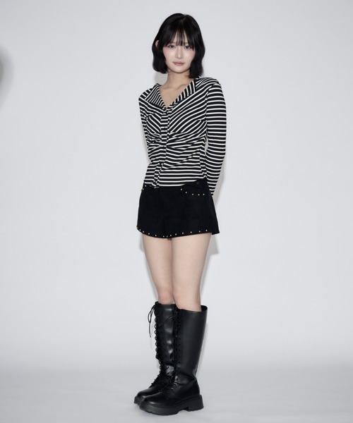 tinkerend(ティンカーエンド)の「Ruched Border Ribbed Cardigan / シャーリングボーダーリブカーディガン(シャツ/ブラウス・レディース・ブラック・FREE)」の18枚目の写真