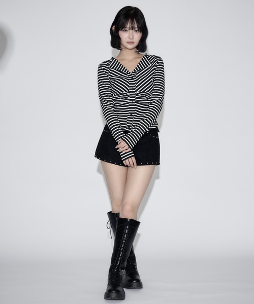 tinkerend(ティンカーエンド)の「Ruched Border Ribbed Cardigan / シャーリングボーダーリブカーディガン(シャツ/ブラウス・レディース・ブラック・FREE)」の16枚目の写真
