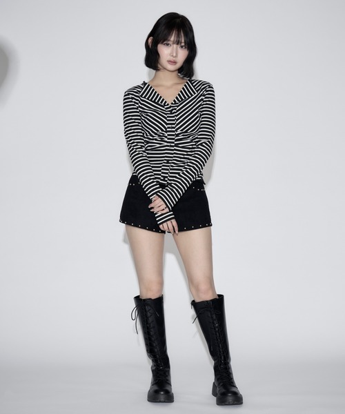 tinkerend(ティンカーエンド)の「Ruched Border Ribbed Cardigan / シャーリングボーダーリブカーディガン(シャツ/ブラウス・レディース・ブラック・FREE)」の17枚目の写真