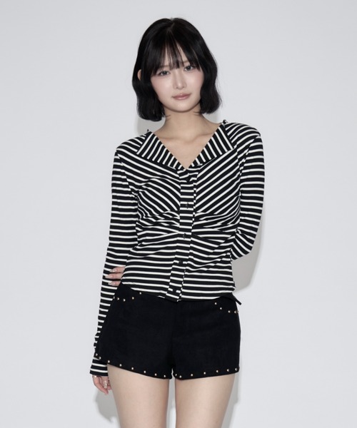 tinkerend(ティンカーエンド)の「Ruched Border Ribbed Cardigan / シャーリングボーダーリブカーディガン(シャツ/ブラウス・レディース・ブラック・FREE)」の11枚目の写真