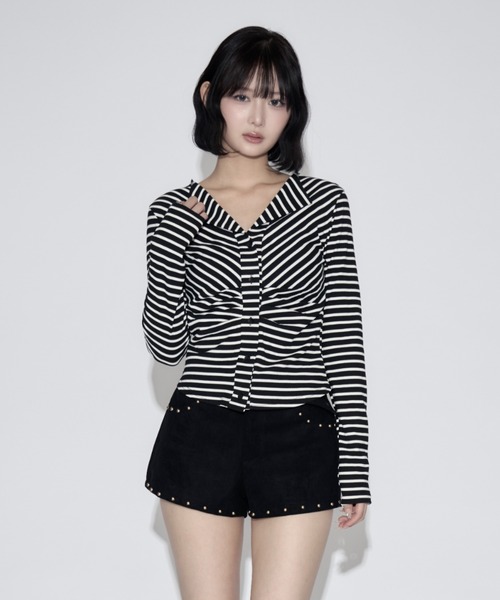 tinkerend(ティンカーエンド)の「Ruched Border Ribbed Cardigan / シャーリングボーダーリブカーディガン(シャツ/ブラウス・レディース・ブラック・FREE)」の12枚目の写真