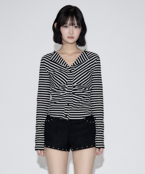 tinkerend(ティンカーエンド)の「Ruched Border Ribbed Cardigan / シャーリングボーダーリブカーディガン(シャツ/ブラウス・レディース・ブラック・FREE)」の10枚目の写真