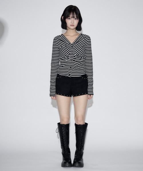 tinkerend(ティンカーエンド)の「Ruched Border Ribbed Cardigan / シャーリングボーダーリブカーディガン(シャツ/ブラウス・レディース・ブラック・FREE)」の15枚目の写真