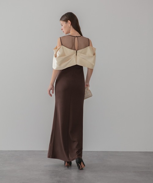 Leja(レジャ)の「【LEJA LUXE】ビッグリボンシアーショルダードレープロングドレスワンピース美脚効果結婚式 パーティードレス 成人式 二次会 同窓会 お呼ばれ オケージョン 20代 30代(ドレス・レディース・ブラウン・SMALL/MEDIUM/LARGE)」の7枚目の写真