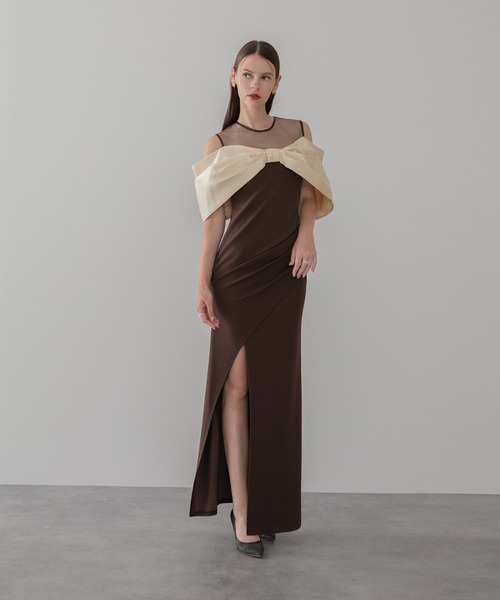 Leja(レジャ)の「【LEJA LUXE】ビッグリボンシアーショルダードレープロングドレスワンピース美脚効果結婚式 パーティードレス 成人式 二次会 同窓会 お呼ばれ オケージョン 20代 30代(ドレス・レディース・ブラウン・SMALL/MEDIUM/LARGE)」の8枚目の写真