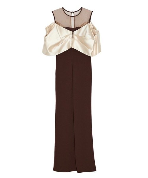 セール】【LEJA LUXE】ビッグリボンシアーショルダードレープロング