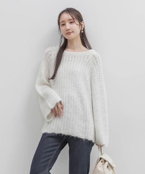 RANDA(ランダ)の「【選べる丈感】スパンコール混オーバーサイズニット(ニット/セーター・レディース・ピンク/ホワイト・FT/FREE)」の1枚目の写真