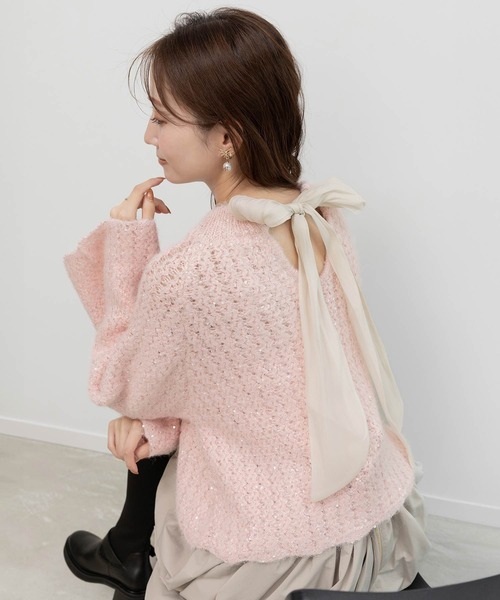RANDA(ランダ)の「【選べる丈感】スパンコール混オーバーサイズニット(ニット/セーター・レディース・ピンク/ホワイト・FT/FREE)」の2枚目の写真