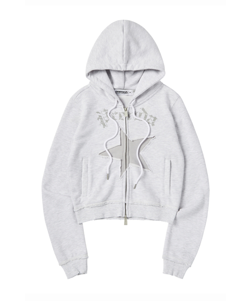 STAR CUT‑OFF HOOD ZIP‑UP — серое худи на замке с отрезанным низом