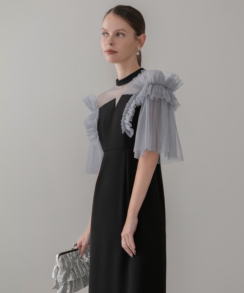 Leja(レジャ)の「【LEJA】チュールフリルショルダーシアーIラインワンピースドレス美脚効果結婚式 パーティードレス 成人式 二次会 同窓会 お呼ばれ オケージョン 20代 30代(ドレス・レディース・グレー/ブラック・MEDIUM/SMALL)」の10枚目の写真