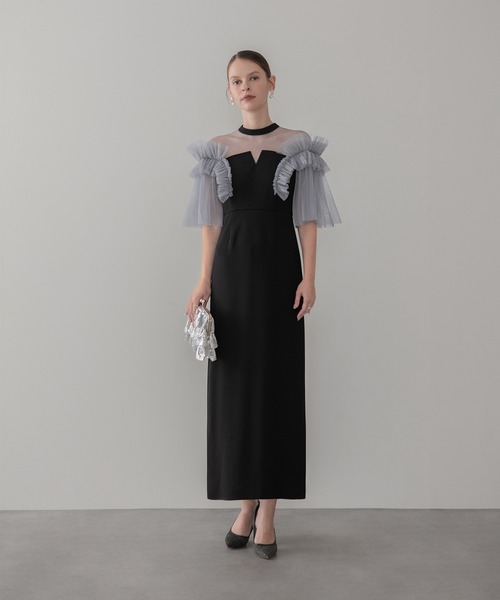 Leja(レジャ)の「【LEJA】チュールフリルショルダーシアーIラインワンピースドレス美脚効果結婚式 パーティードレス 成人式 二次会 同窓会 お呼ばれ オケージョン 20代 30代(ドレス・レディース・グレー/ブラック・MEDIUM/SMALL)」の12枚目の写真