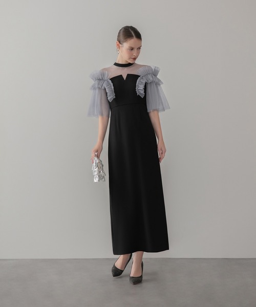 Leja(レジャ)の「【LEJA】チュールフリルショルダーシアーIラインワンピースドレス美脚効果結婚式 パーティードレス 成人式 二次会 同窓会 お呼ばれ オケージョン 20代 30代(ドレス・レディース・グレー/ブラック・MEDIUM/SMALL)」の11枚目の写真