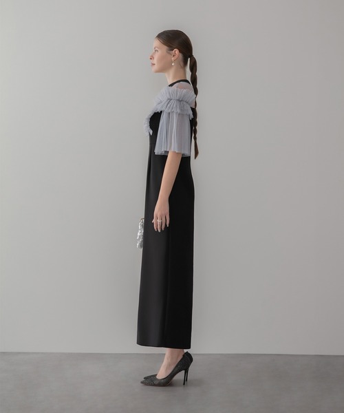 Leja(レジャ)の「【LEJA】チュールフリルショルダーシアーIラインワンピースドレス美脚効果結婚式 パーティードレス 成人式 二次会 同窓会 お呼ばれ オケージョン 20代 30代(ドレス・レディース・グレー/ブラック・MEDIUM/SMALL)」の4枚目の写真