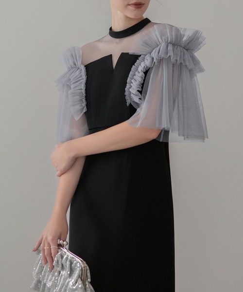 Leja(レジャ)の「【LEJA】チュールフリルショルダーシアーIラインワンピースドレス美脚効果結婚式 パーティードレス 成人式 二次会 同窓会 お呼ばれ オケージョン 20代 30代(ドレス・レディース・グレー/ブラック・MEDIUM/SMALL)」の9枚目の写真