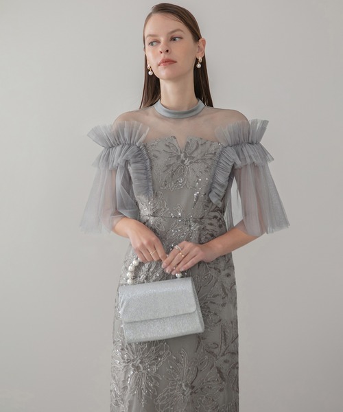 Leja(レジャ)の「【LEJA】チュールフリルショルダーシアーIラインワンピースドレス美脚効果結婚式 パーティードレス 成人式 二次会 同窓会 お呼ばれ オケージョン 20代 30代(ドレス・レディース・グレー/ブラック・MEDIUM/SMALL)」の6枚目の写真