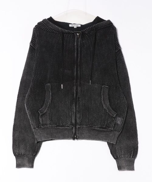 BENDER TOKYO（ベンダートウキョウ）の「ヴィンテージウォッシュ加工 ショート丈 メッシュニット ジップパーカー 透かし編み ダブルジップ【UNISEX】（パーカー・メンズ・グレー/ブラック・M/L）」の2枚目の写真