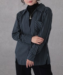 ストライプ柄 スキッパー 襟付き 長袖 フェイクレイヤード カットソー