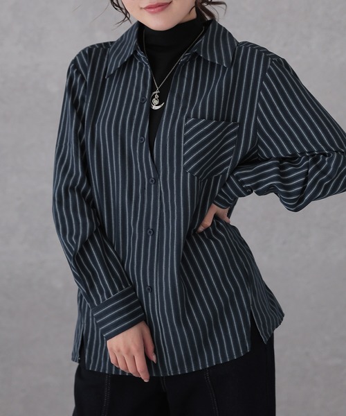 Lace Ladies(レースレディース)の「ストライプ柄 スキッパー 襟付き 長袖 フェイクレイヤード カットソー(Tシャツ/カットソー・レディース・アイボリー/チャコールグレー/パープル/ネイビー・FREE)」の17枚目の写真