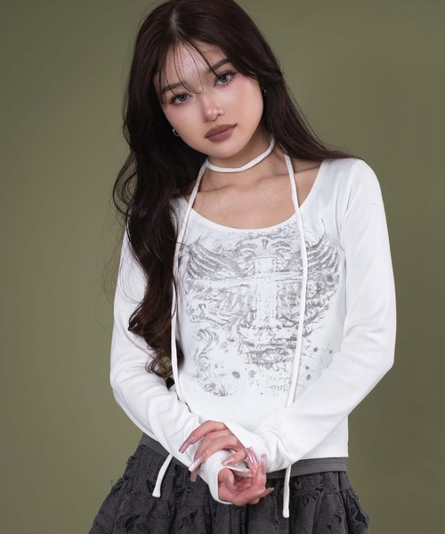WEGO（ウィゴー）の「DISPARK/チョーカーツキレイヤードトップ（Tシャツ/カットソー・レディース・チャコールグレー/ホワイト・FREE）」の11枚目の写真