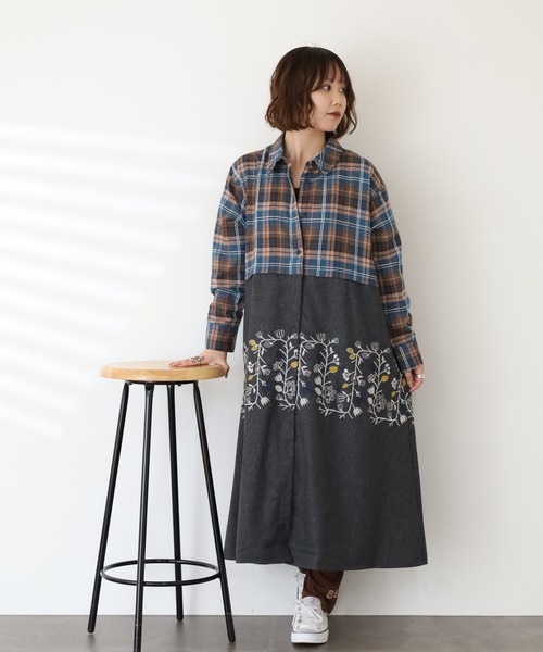 EMAGO 花のﾂﾙ刺繍ﾄﾞｯｷﾝｸﾞﾜﾝﾋﾟｰｽ 長袖