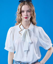 【半袖ver.】パフリボンタイシャツエア半袖ブラウス【WHITE】KCL。