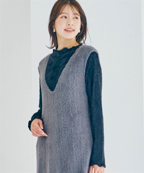 nissen（ニッセン）の「フェザーアンサンブル（ワンピース＋プチハイネックトップス）（ジャンパースカート・レディース・ホワイト×ブラック/ブラック×グレー・S/L/M/LL）」の5枚目の写真