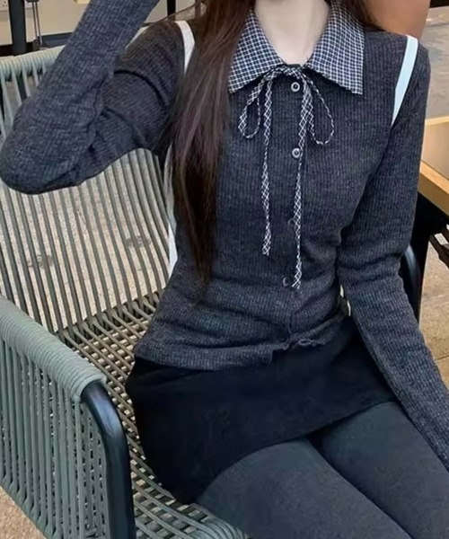 MAISON DE THERESE（メゾン ド テレーズ）の「チェック切り替え　ポロTシャツ ロン T（ポロシャツ・レディース・ダークグレー/グレー・M）」の5枚目の写真