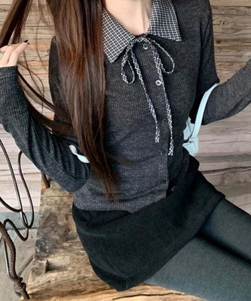 MAISON DE THERESE（メゾン ド テレーズ）の「チェック切り替え　ポロTシャツ ロン T（ポロシャツ・レディース・ダークグレー/グレー・M）」の6枚目の写真