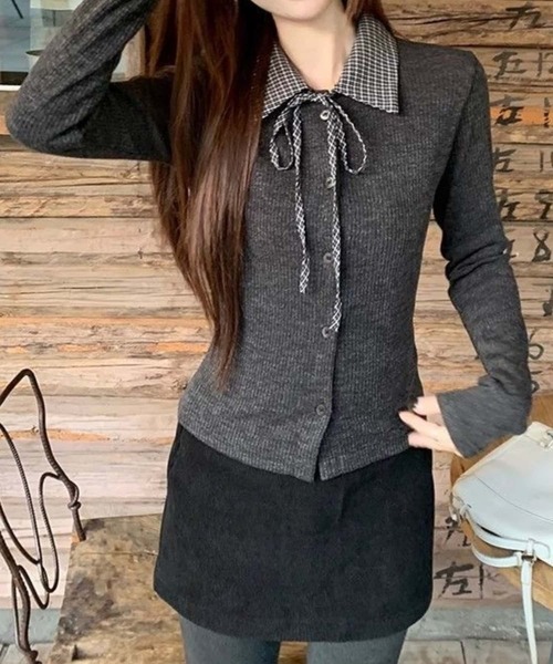 MAISON DE THERESE（メゾン ド テレーズ）の「チェック切り替え　ポロTシャツ ロン T（ポロシャツ・レディース・ダークグレー/グレー・M）」の8枚目の写真