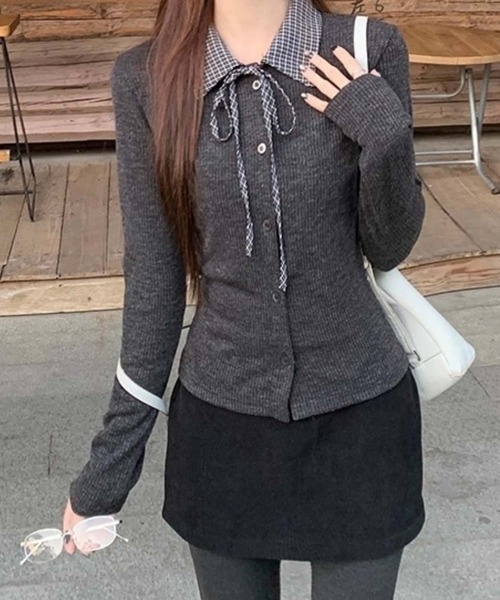 MAISON DE THERESE（メゾン ド テレーズ）の「チェック切り替え　ポロTシャツ ロン T（ポロシャツ・レディース・ダークグレー/グレー・M）」の7枚目の写真