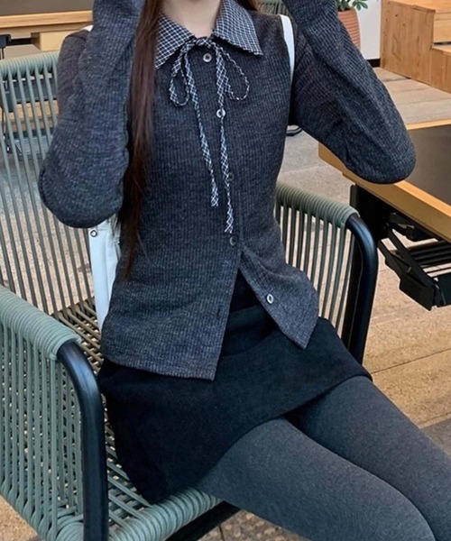 MAISON DE THERESE（メゾン ド テレーズ）の「チェック切り替え　ポロTシャツ ロン T（ポロシャツ・レディース・ダークグレー/グレー・M）」の4枚目の写真