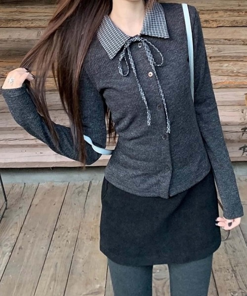 MAISON DE THERESE（メゾン ド テレーズ）の「チェック切り替え　ポロTシャツ ロン T（ポロシャツ・レディース・ダークグレー/グレー・M）」の3枚目の写真