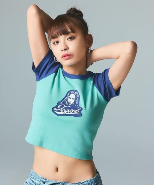 X-girl（エックスガール）の「FACE EMBROIDERED PATCH RAGLAN S/S BABY TEE（Tシャツ/カットソー・レディース・ホワイト/ライトグリーン/チャコール・S/M）」の4枚目の写真