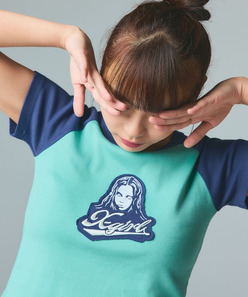 X-girl（エックスガール）の「FACE EMBROIDERED PATCH RAGLAN S/S BABY TEE（Tシャツ/カットソー・レディース・ホワイト/ライトグリーン/チャコール・S/M）」の5枚目の写真