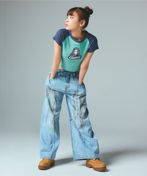 X-girl（エックスガール）の「FACE EMBROIDERED PATCH RAGLAN S/S BABY TEE（Tシャツ/カットソー・レディース・ホワイト/ライトグリーン/チャコール・S/M）」の6枚目の写真