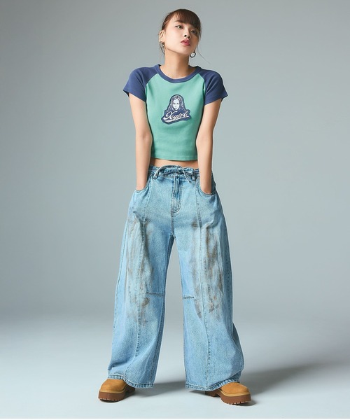 X-girl（エックスガール）の「FACE EMBROIDERED PATCH RAGLAN S/S BABY TEE（Tシャツ/カットソー・レディース・ホワイト/ライトグリーン/チャコール・S/M）」の7枚目の写真