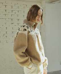 FLOWER FLEECE ZIP UP_BEIGE