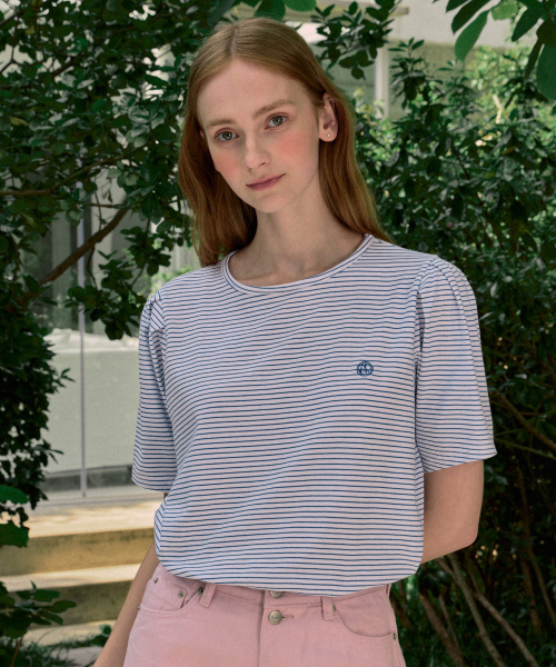 NONLOCAL(ノンローカル)の「Volume Sleeve Logo Stripe T-shirt - Blue(Tシャツ/カットソー・レディース・その他・FREE)」の1枚目の写真