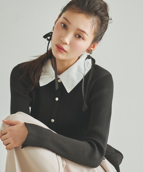 AND COUTURE(アンドクチュール)の「シャツ襟付きペプラムニットプルオーバー(ニット/セーター・レディース・ブラック/ネイビー/ベージュ・FREE)」の16枚目の写真